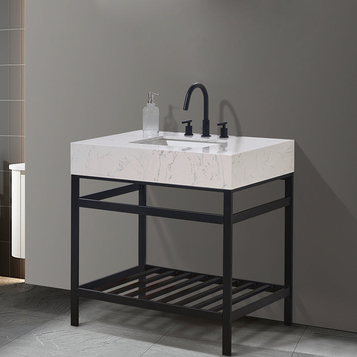 Altair Design Merano 36"" Single Stainless Steel Vanity Console in Matt Black with Aosta White Stone Countertop