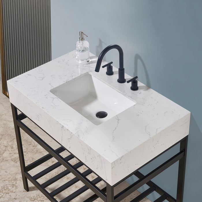 Altair Design Merano 36"" Single Stainless Steel Vanity Console in Matt Black with Aosta White Stone Countertop