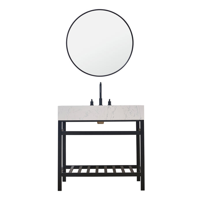 Altair Design Merano 36"" Single Stainless Steel Vanity Console in Matt Black with Aosta White Stone Countertop