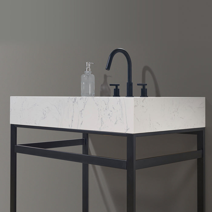 Altair Design Merano 36"" Single Stainless Steel Vanity Console in Matt Black with Aosta White Stone Countertop