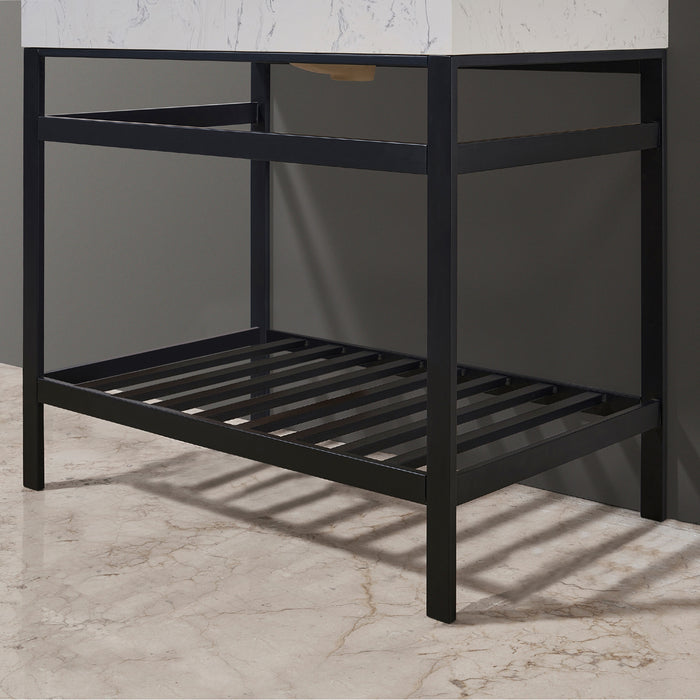 Altair Design Merano 36"" Single Stainless Steel Vanity Console in Matt Black with Aosta White Stone Countertop