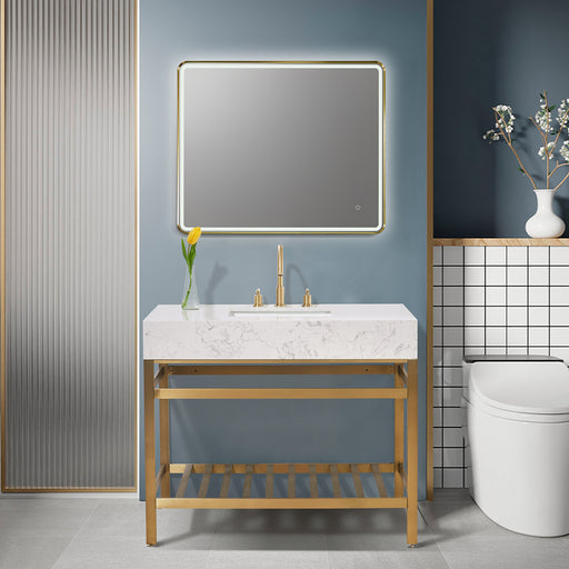 Altair Design Merano 42"" Single Stainless Steel Vanity Console in Brushed Gold with Aosta White Stone Countertop