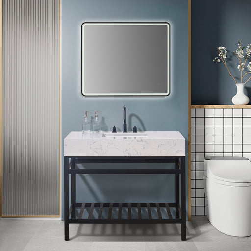Altair Design Merano 42"" Single Stainless Steel Vanity Console in Matt Black with Aosta White Stone Countertop
