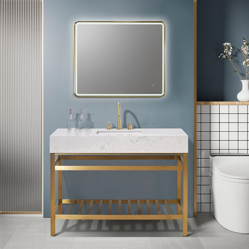 Altair Design Merano 48"" Single Stainless Steel Vanity Console in Brushed Gold with Aosta White Stone Countertop