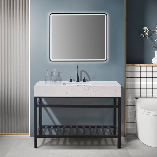 Altair Design Merano 48"" Single Stainless Steel Vanity Console in Matt Black with Aosta White Stone Countertop