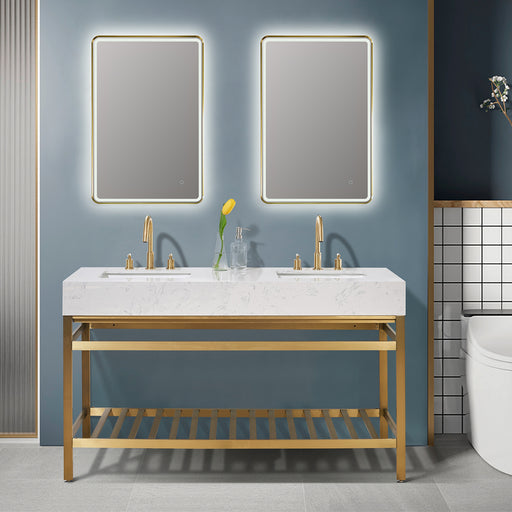 Altair Design Merano 60"" Double Stainless Steel Vanity Console in Brushed Gold with Aosta White Stone Countertop