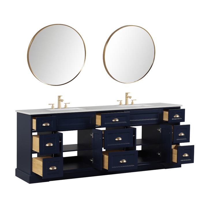 Eviva Epic 84" Transitional Vanity in Blue, Charcoal Gray, or White Finish with Brushed Nickel or Gold Hardware with White Quartz Top