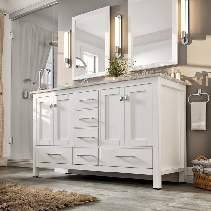 Eviva Aberdeen 60" Transitional Double Sink Bathroom Vanity in Espresso, Gray or White Finish with White Carrara Marble Countertop and Undermount Porcelain Sinks