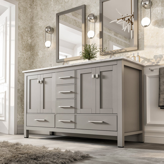 Eviva Aberdeen 60" Transitional Double Sink Bathroom Vanity in Espresso, Gray or White Finish with White Carrara Marble Countertop and Undermount Porcelain Sinks