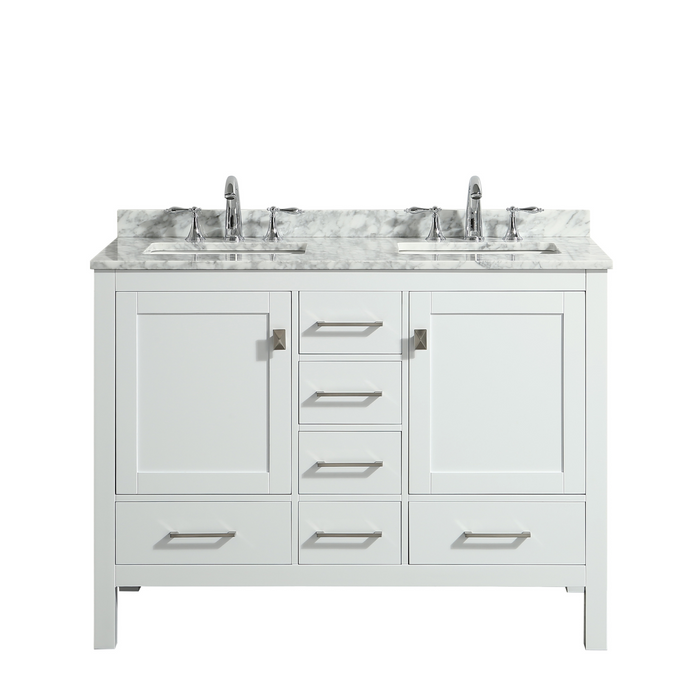 Eviva London 48" x 18" Transitional Double Sink Bathroom Vanity in Espresso, Gray or White Finish with White Carrara Marble Countertop and Undermount Porcelain Sinks