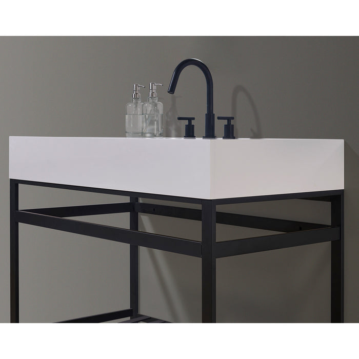 Altair Design Edolo 42"" Single Stainless Steel Vanity Console in Matt Black with Snow White Stone Countertop