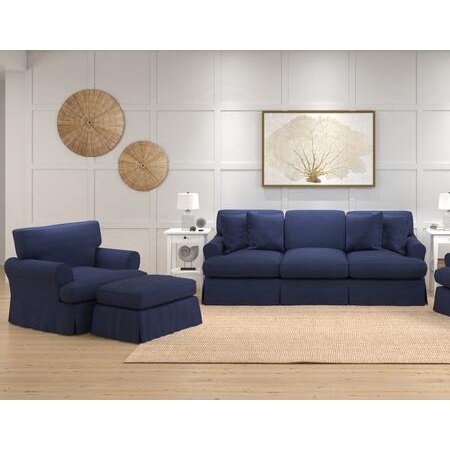 Sunset Trading Horizon 3 Piece Slipcovered Living Room Set | Sofa Chair Ottoman | Washable Stain Resistant Navy Blue Performance Fabric | Dog Cat Pet and Kid Friendly Furniture SU-1176-49-002030