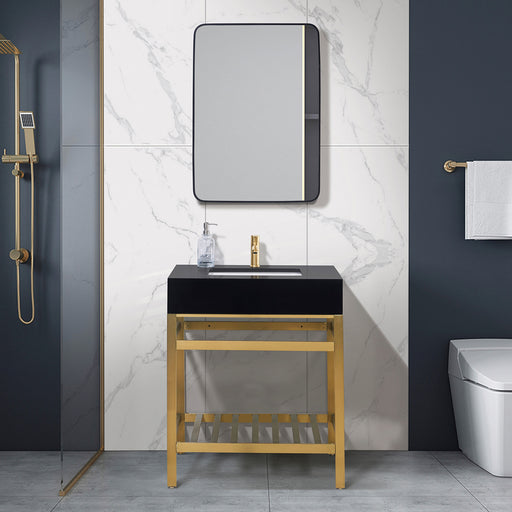 Altair Design Nauders 30"" Single Stainless Steel Vanity Console in Brushed Gold with Imperial Black Stone Countertop
