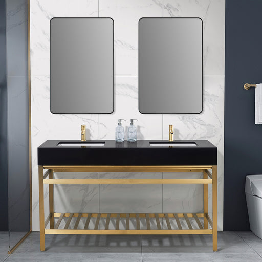 Altair Design Nauders 60"" Double Stainless Steel Vanity Console in Brushed Gold with Imperial Black Stone Countertop