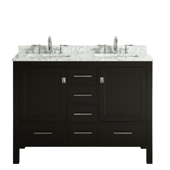 Eviva London 48" x 18" Transitional Double Sink Bathroom Vanity in Espresso, Gray or White Finish with White Carrara Marble Countertop and Undermount Porcelain Sinks