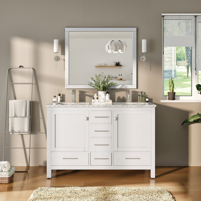 Eviva London 48" x 18" Transitional Double Sink Bathroom Vanity in Espresso, Gray or White Finish with White Carrara Marble Countertop and Undermount Porcelain Sinks