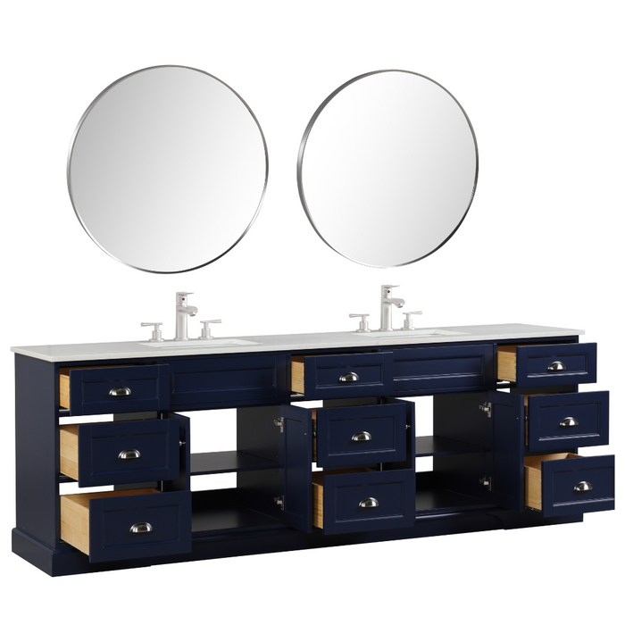 Eviva Epic 96" Transitional Vanity in Blue, Charcoal Gray, or White Finish with Brushed Nickel or Gold Hardware with White Quartz Top