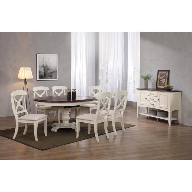 Sunset Trading Andrews 8 Piece 48" Round or 66" Oval Extendable Dining Set | Butterfly Leaf Table | Sideboard with Large Display Shelf 3 Drawers 2 Storage Cabinets | Antique White and Chestnut Brown | Seats 6 DLU-ADW4866-C12-SBAW8P