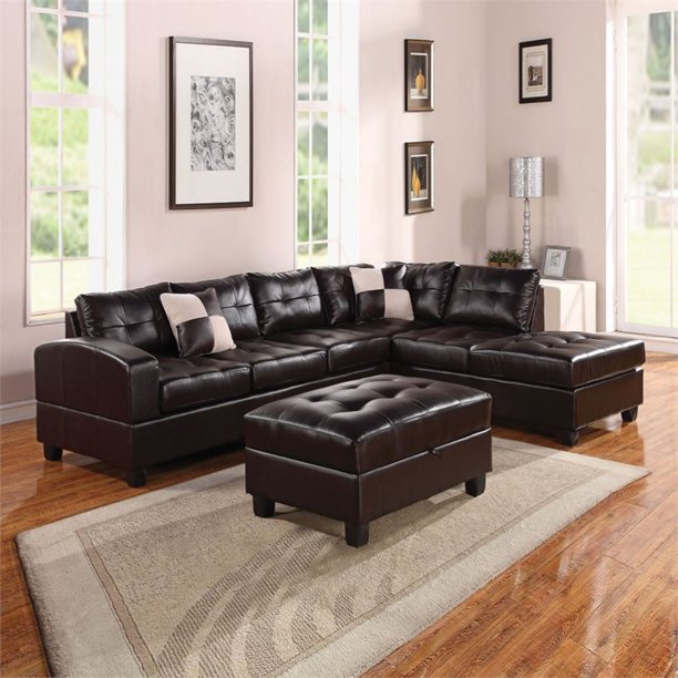 Acme Furniture Kiva Reversible Sectional Sofa W/2 Pillows in Black Bonded Leather Match 51195_KIT