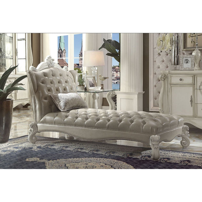 Acme Furniture Versailles Chaise W/1 Pillow in Vintage Gray PU & Bone White Finish 96542