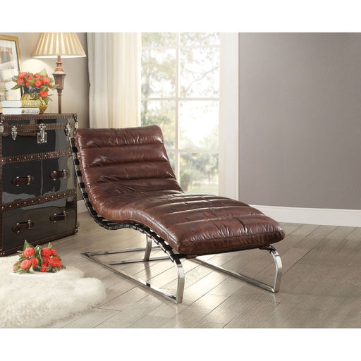 Acme Furniture Qortini Chaise in Vintage Dark Brown Top Grain Leather & Stainless Steel 96670