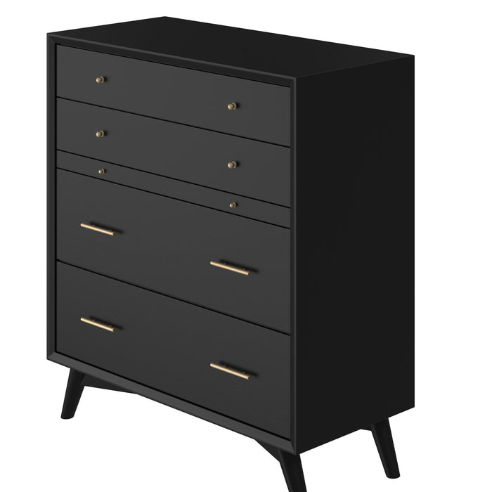 Alpine Furniture Flynn Mid Century Modern 4 Drawer Multifunction Chest w/Pull Out Tray, Black 966BLK-05