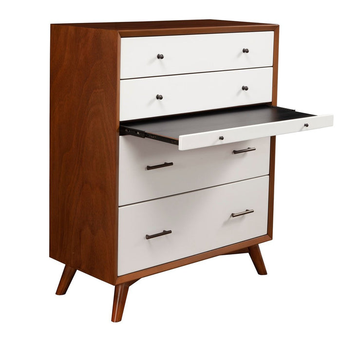 Alpine Furniture Flynn Mid Century Modern 4 Drawer Two Tone Multifunction Chest w/Pull Out Tray, Acorn/White 999-05