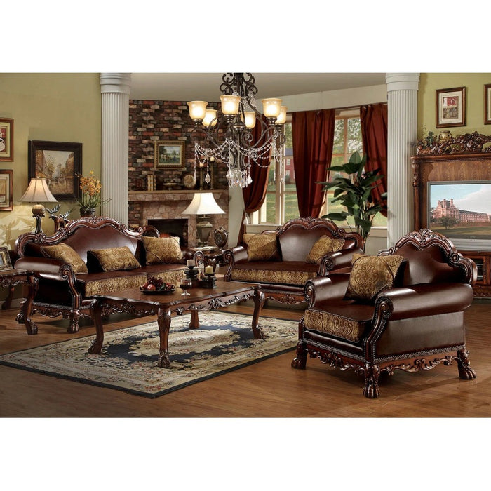 Acme Furniture Dresden Loveseat W/2 Pillows Brown PU & Chenille, Cherry Oak Finish 15161