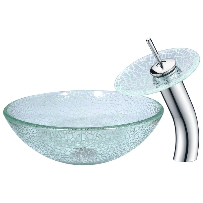 ANZZI Choir Series 17" x 17" Deco-Glass Round Vessel Sink in Crystal Clear Finish with Polished Chrome Pop-Up Drain and Waterfall Faucet LS-AZ063