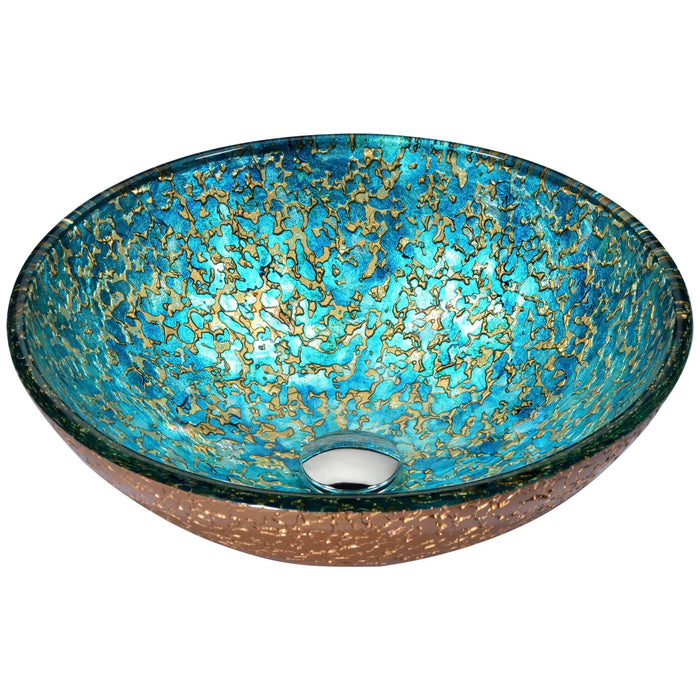 ANZZI Makata Series 17" x 17" Deco-Glass Round Vessel Sink in Gold and Cyan Finish with Polished Chrome Pop-Up Drain LS-AZ8211