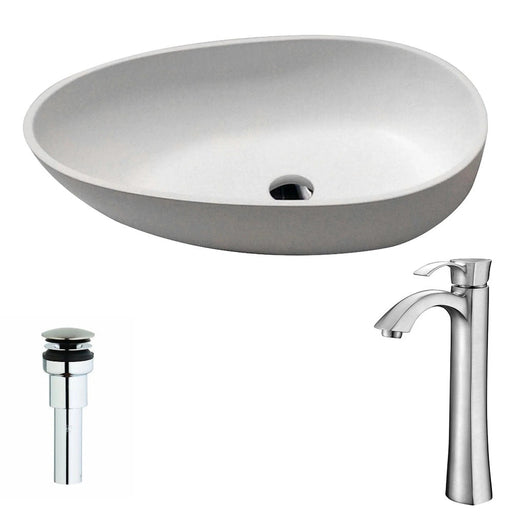 ANZZI Trident Series 24" x 16" Oval Shape Vessel Sink in Matte White Finish with Brushed Nickel Harmony Vessel Faucet and Pop-up Drain LSAZ606-095B