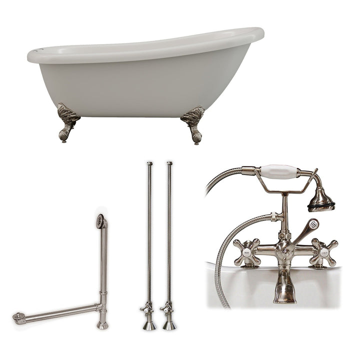 Cambridge Plumbing 61 Inch Acrylic Slipper Soaking Tub with and Complete Brushed Nickel Plumbing Package AST61-463D-2-PKG-BN-7DH