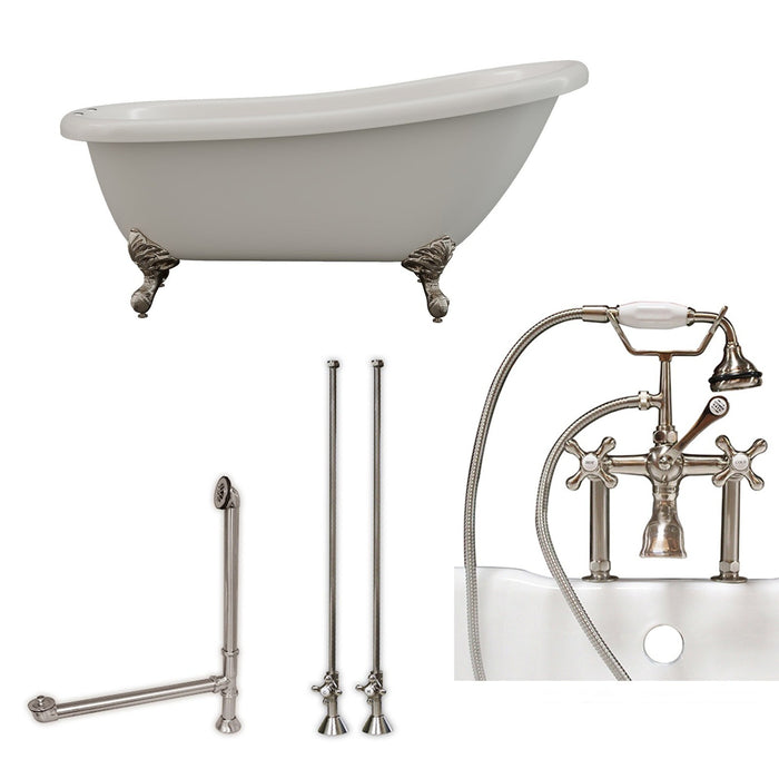 Cambridge Plumbing 61 Inch Acrylic Slipper Soaking Tub with and Complete Brushed Nickel Plumbing Package AST61-463D-6-PKG-BN-7DH