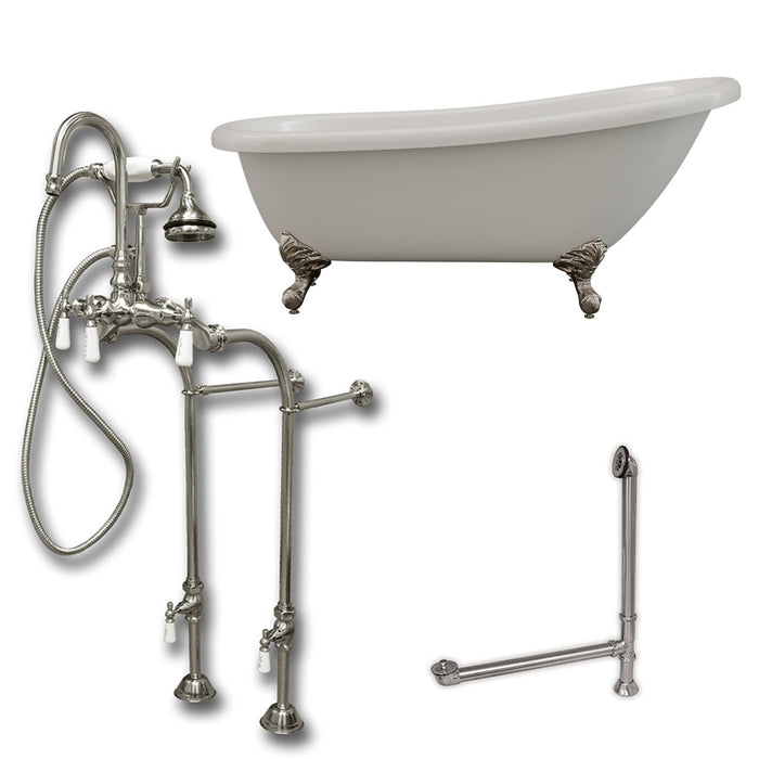 Cambridge Plumbing Acrylic Clawfoot Slipper Soaking Tub with Continuous Rim and Brushed Nickel Plumbing Package AST67-398684-PKG-BN-NH