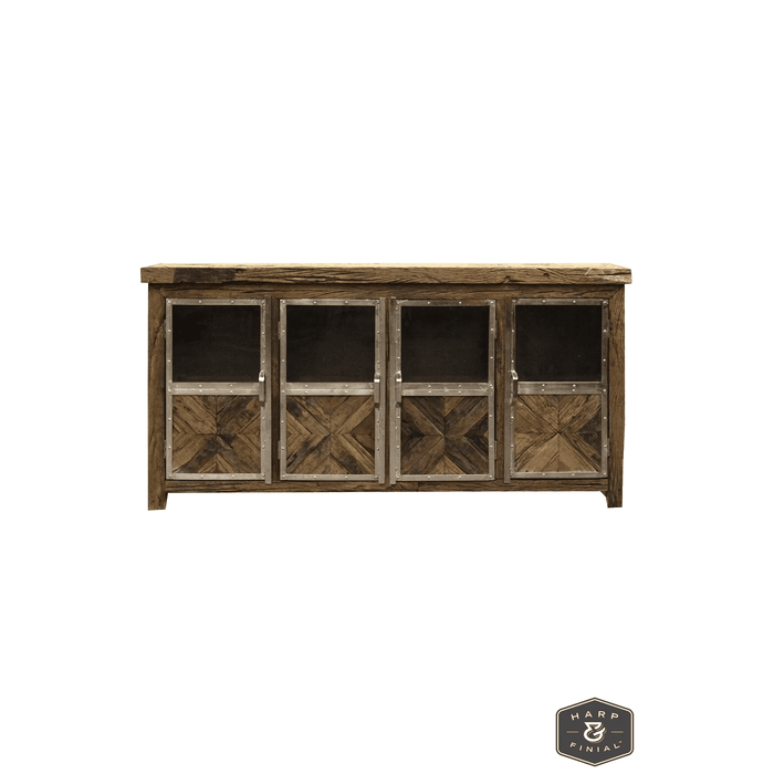 Harp & Finial AYERS SIDEBOARD Reclaimed Railroad Tie Wood with Clear Glass and Chrome Finish on Metal Trim | 4 D HFF2275