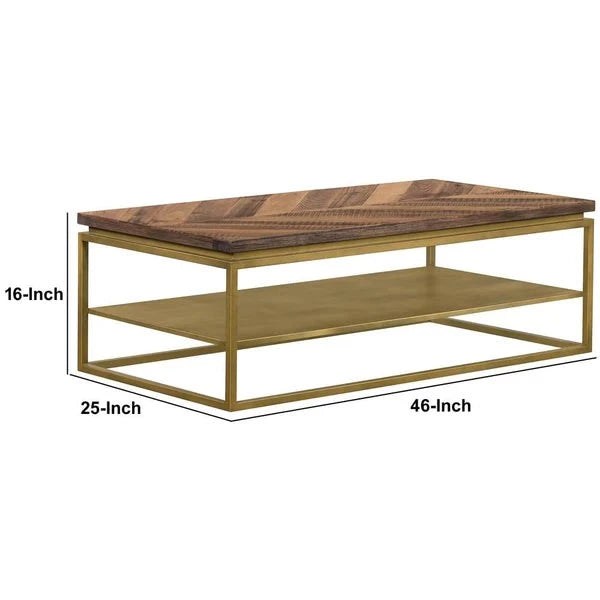 Benzara 46 Inch Wooden And Metal Coffee Table, Brown And Brass BM236488
