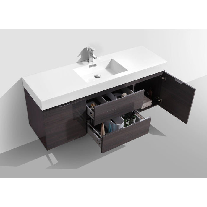KubeBath Bliss 60" Single Sink High Gloss Gray Oak Wall Mount Modern Bathroom Vanity