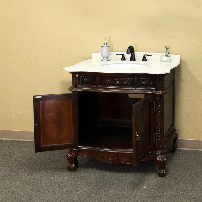 Bellaterra Home 35" 2-Door Walnut Freestanding Vanity Set With White Ceramic Undermount Sink and Cream Marble Top