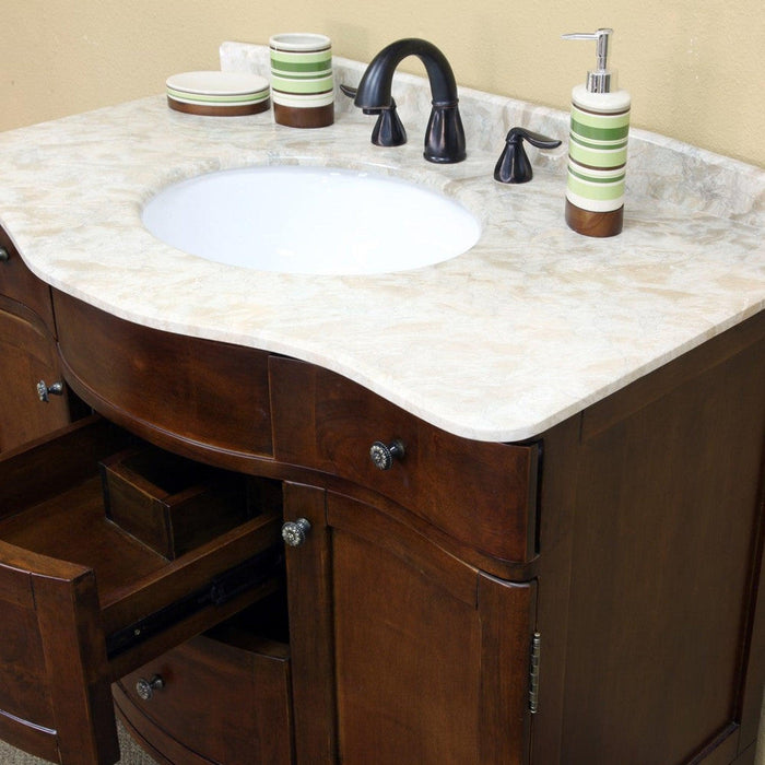 Bellaterra Home 38" 2-Door 4-Drawer Walnut Freestanding Vanity Set With White Ceramic Undermount Sink and Cream Marble Top
