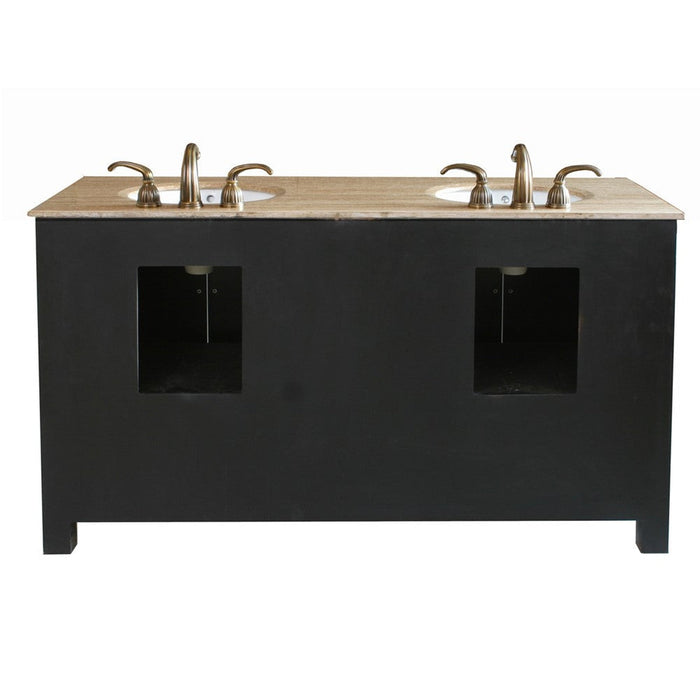 Bellaterra Home 62" 4-Door 4-Drawer Black Freestanding Vanity Set With White Ceramic Double Undermount Sink and Travertine Top
