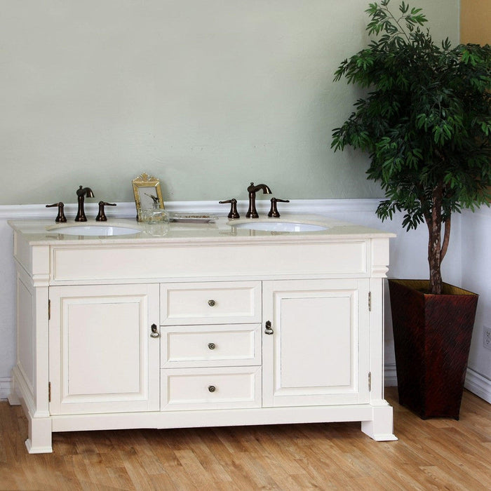 Bellaterra Home 72" 4-Door 3-Drawer Cream White Freestanding Vanity Set With White Ceramic Double Undermount Sink and Cream Marble Top