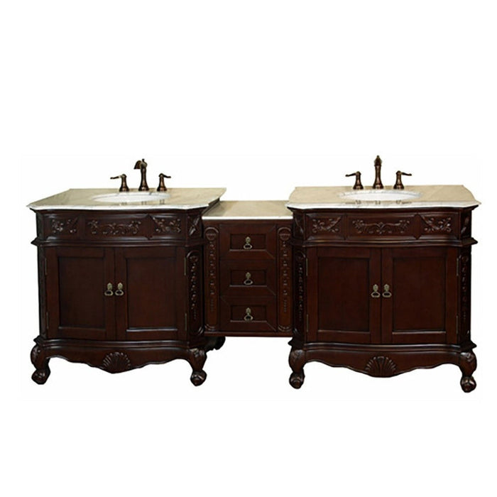 Bellaterra Home 83" 4-Door 3-Drawer Walnut Freestanding Vanity Set With White Ceramic Double Undermount Sink and Carrara White Marble Top