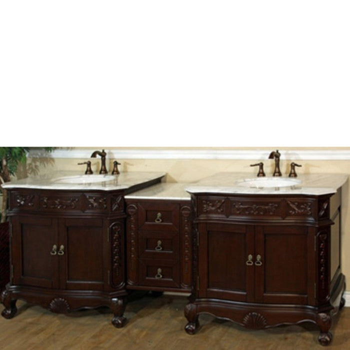 Bellaterra Home 83" 4-Door 3-Drawer Walnut Freestanding Vanity Set With White Ceramic Double Undermount Sink and Carrara White Marble Top