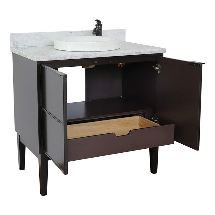 Bellaterra Home Cafe 37" 2-Door 1-Drawer Cappuccino Freestanding Vanity Set With Ceramic Vessel Sink and White Carrara Marble Top