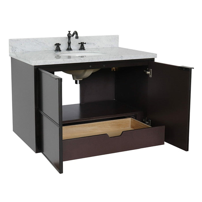 Bellaterra Home Cafe 37" 2-Door 1-Drawer Cappuccino Wall-Mount Vanity Set With Ceramic Undermount Oval Sink and White Carrara Marble Top