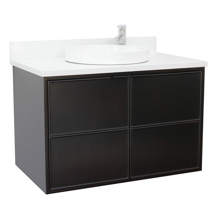 Bellaterra Home Cafe 37" 2-Door 1-Drawer Cappuccino Wall-Mount Vanity Set With Ceramic Vessel Sink and White Quartz Top