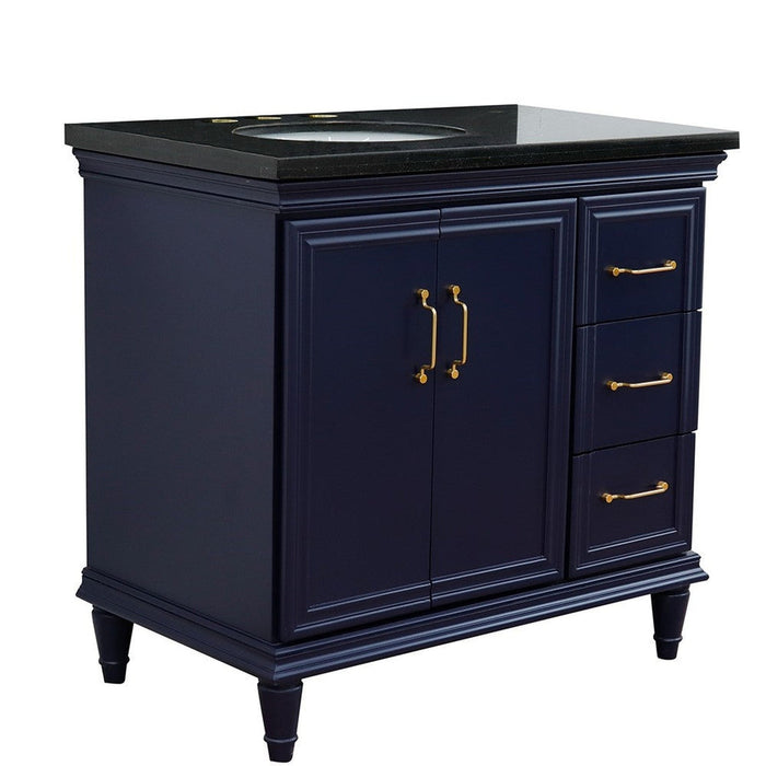 Bellaterra Home Forli 37" 2-Door 3-Drawer Blue Freestanding Vanity Set With Ceramic Left Offset Undermount Oval Sink and Black Galaxy Granite Top, and Left Door Cabinet