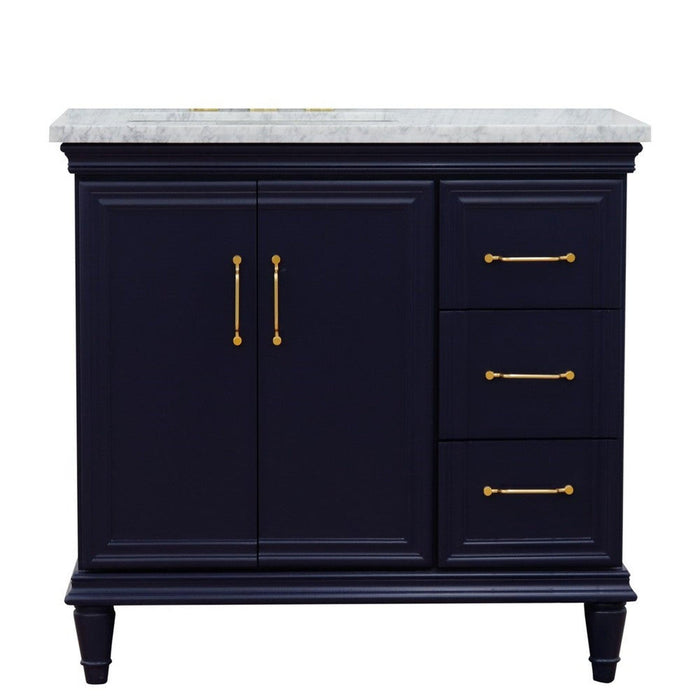 Bellaterra Home Forli 37" 2-Door 3-Drawer Blue Freestanding Vanity Set With Ceramic Left Offset Undermount Rectangular Sink and White Carrara Marble Top, and Left Door Cabinet