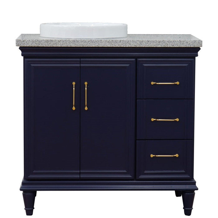 Bellaterra Home Forli 37" 2-Door 3-Drawer Blue Freestanding Vanity Set With Ceramic Left Offset Vessel Sink and Gray Granite Top, and Left Door Cabinet