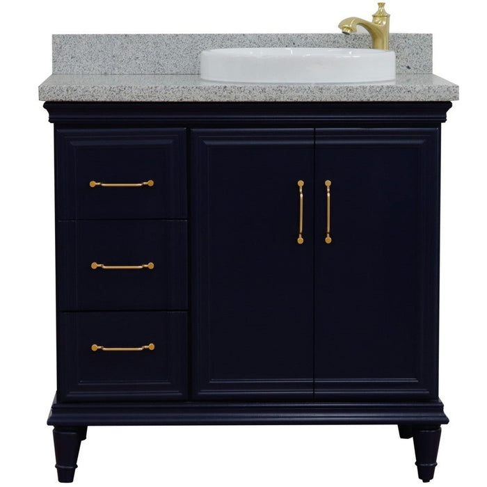 Bellaterra Home Forli 37" 2-Door 3-Drawer Blue Freestanding Vanity Set With Ceramic Right Offset Vessel Sink and Gray Granite Top, and Right Door Cabinet